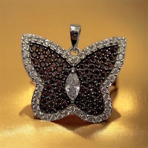 925 Sterling Silver Butterfly pendant, white and brown CZ micro paved accent